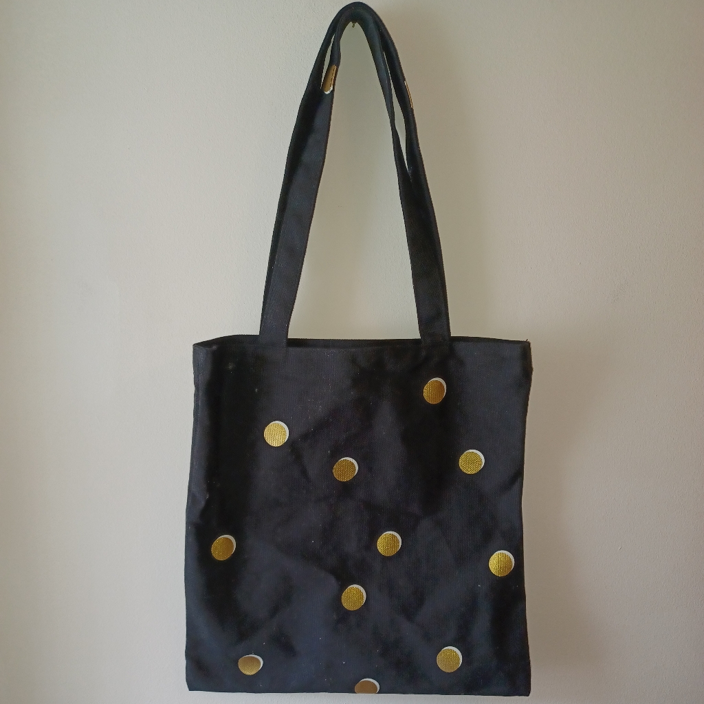 Kate Spade New York Tote bag Black tote with Metallic yellow gold + white  dots, image size:1024x1024